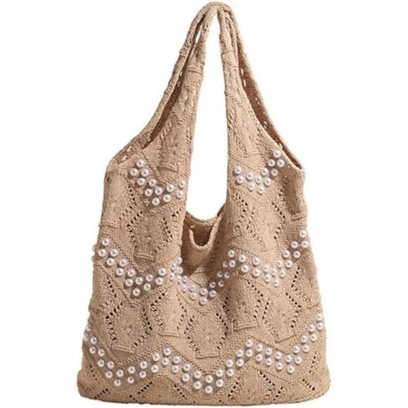 Boho Crochet Beach Tote with White Bead Inlay - Picture 1 of 5
